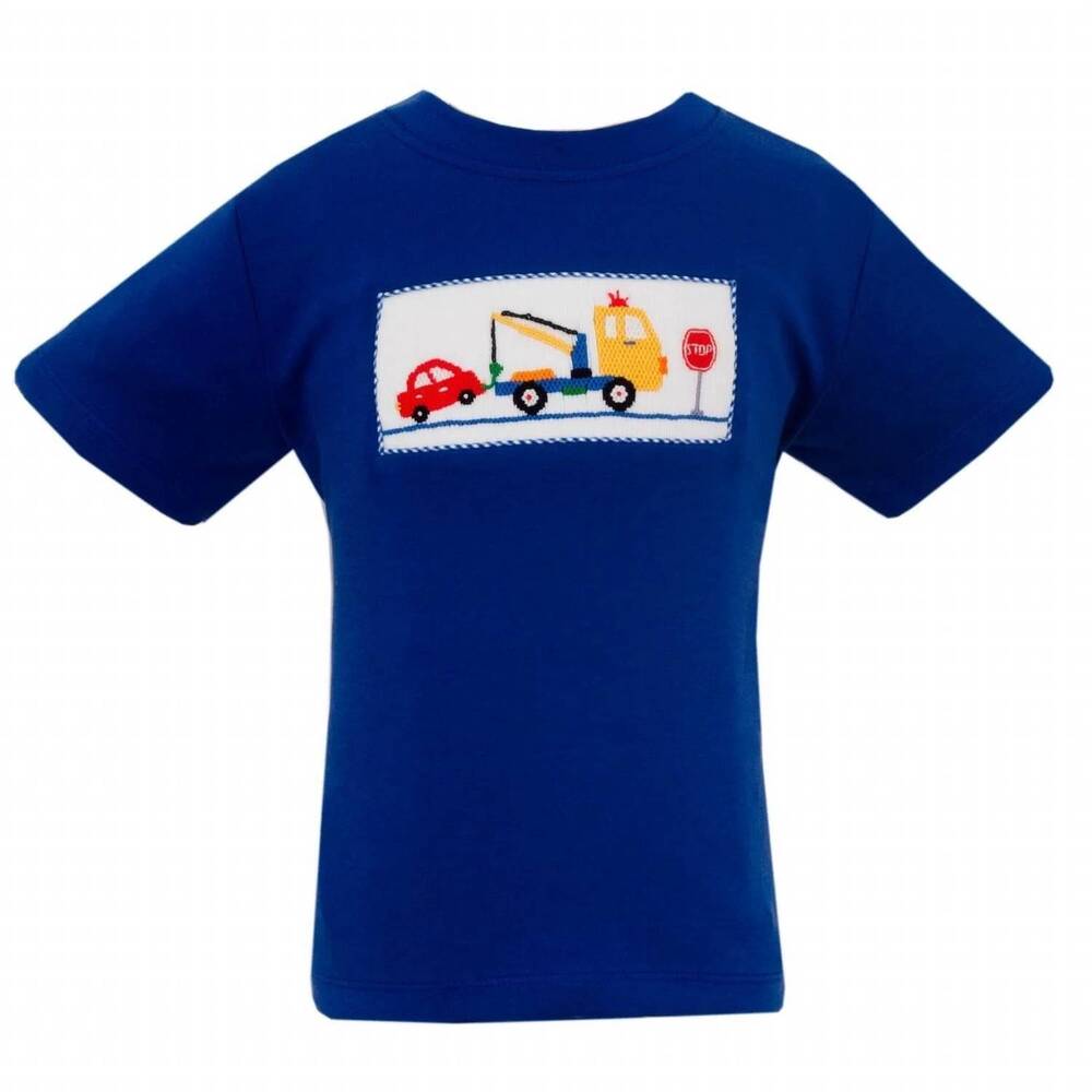 NEW ANAVINI boy's tow truck smocked short sleeve tee in royal blue